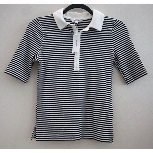 SPANX 21030R Women's Sz XS Black/White Striped Stretch Ribbed Polo Top - Picture 1 of 8